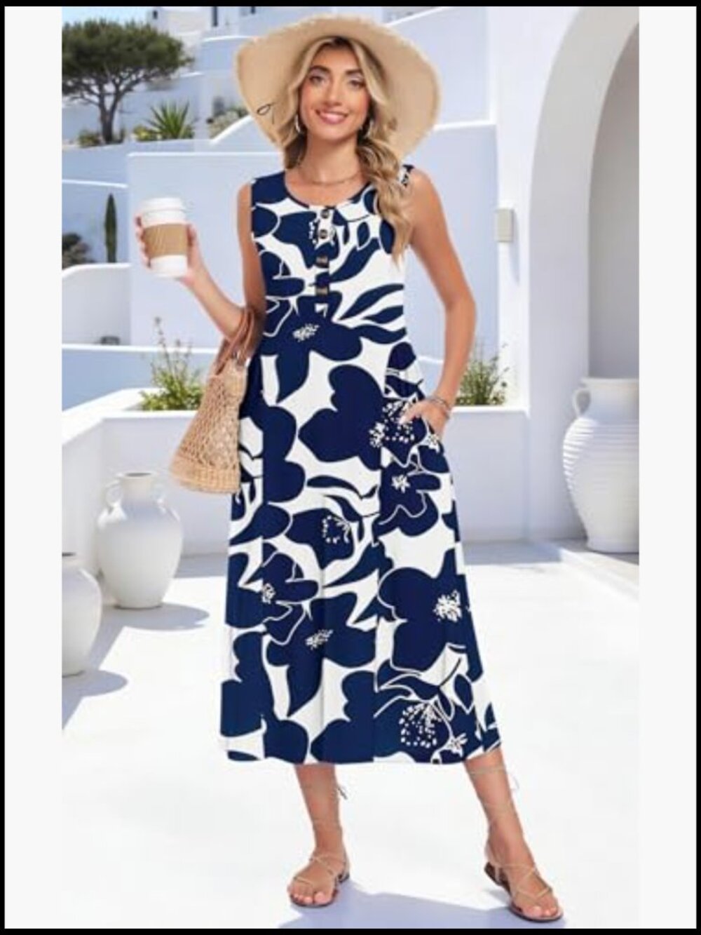 Sleeveless Button Maxi Dress with Pockets A-Line Flowy Summer - Picture 4 of 7